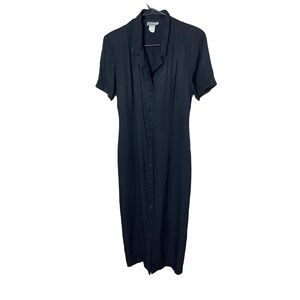 Vintage Erica Fashion Black Button Front Short Sleeve Maxi‎ Dress M